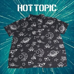 Unisex Space Themed Button Up UFO Alien Moon Stars Woven Black & White XL